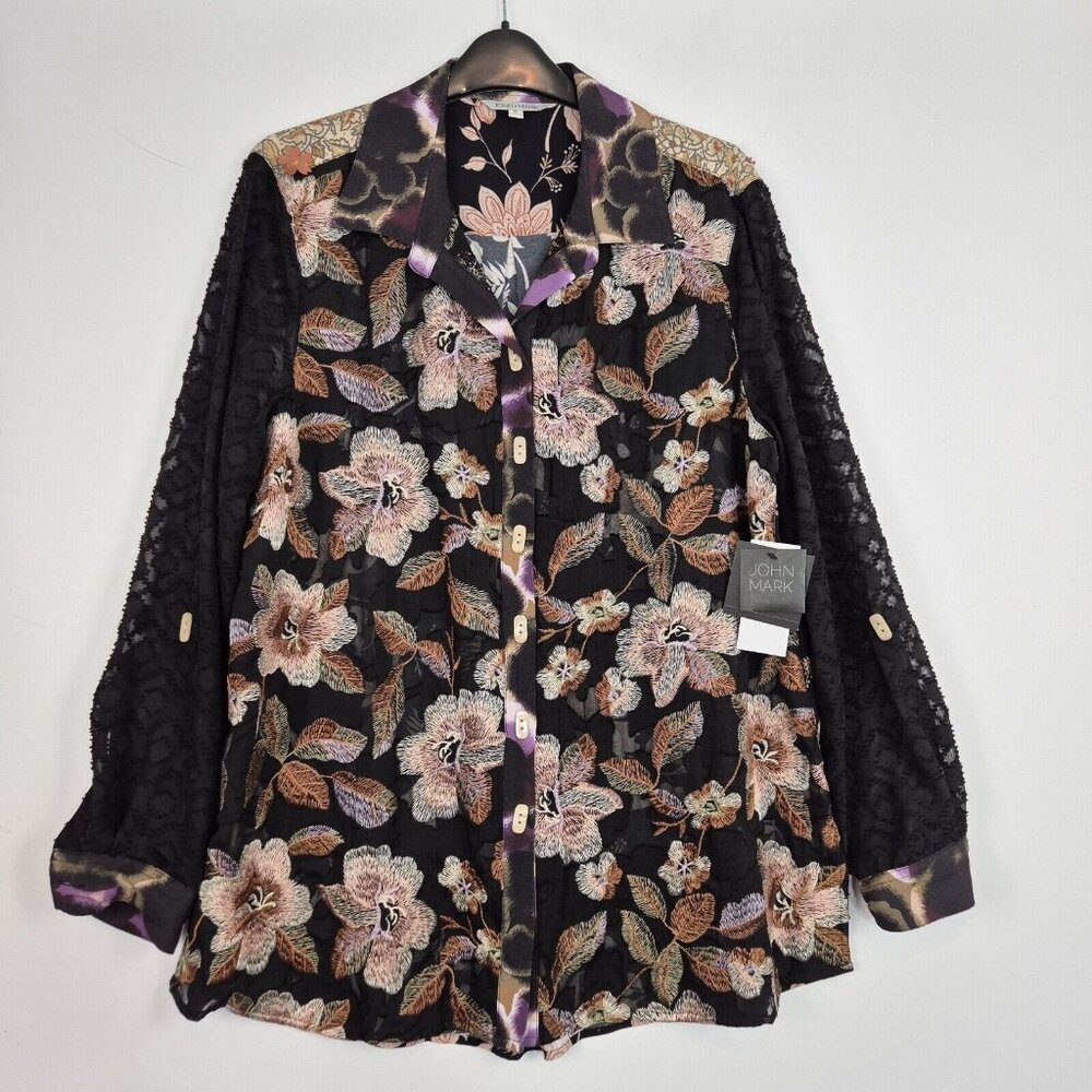 John Mark Women's Blouse Size M Embroidered Floral Black Tunic Top  Shirt (29) - Picture 9 of 16